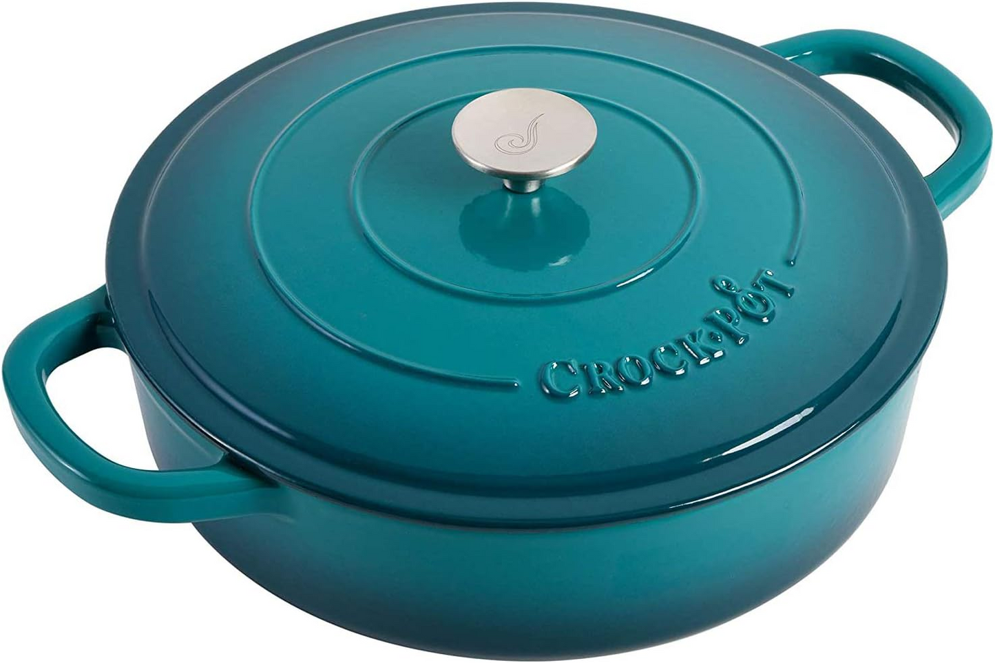 Crock-Pot Artisan 5 Quart Round Enameled Cast Iron Braiser Pan with Self Basting Lid in Teal Ombre