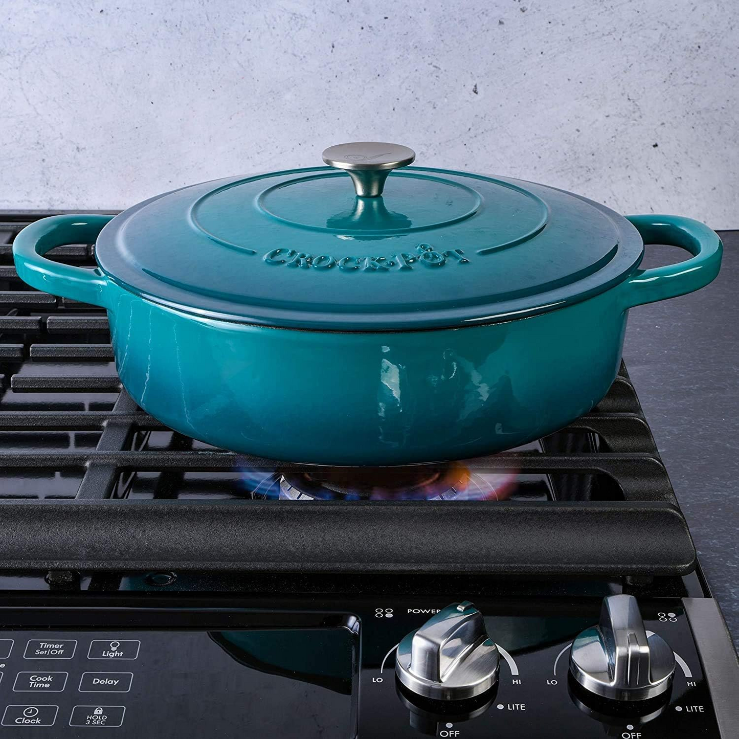 Crock-Pot Artisan 5 Quart Round Enameled Cast Iron Braiser Pan with Self Basting Lid in Teal Ombre