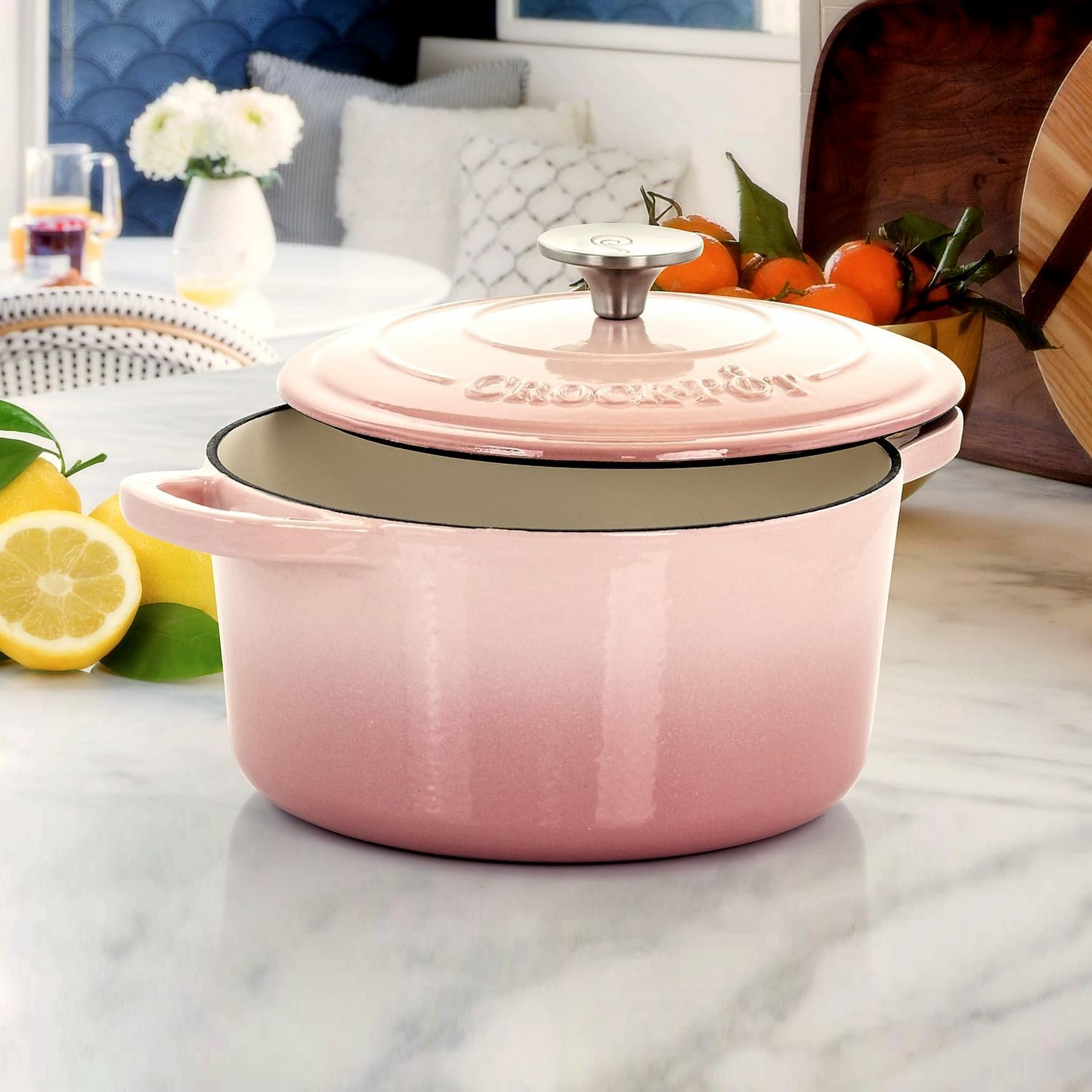 Crock-Pot Artisan 3 Quart Round Enameled Cast Iron Dutch Oven with Lid in Blush Pink