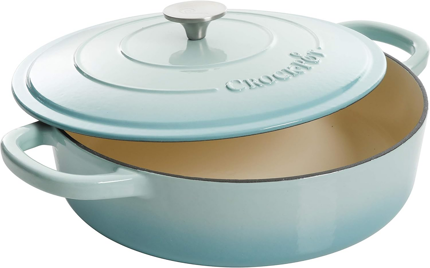 Crock Pot Artisan 5 Quart Round Enameled Cast Iron Braiser Pan with Self Basting Lid in Gradient Aqua Blue