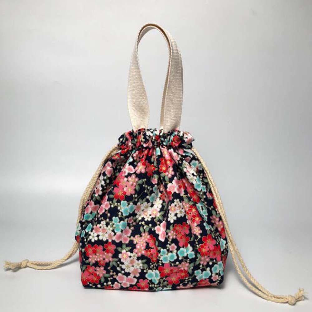 Navy Blue & Multicolor Sakura Japanese Style Canvas Lunch Box Bento Bag with Drawstring