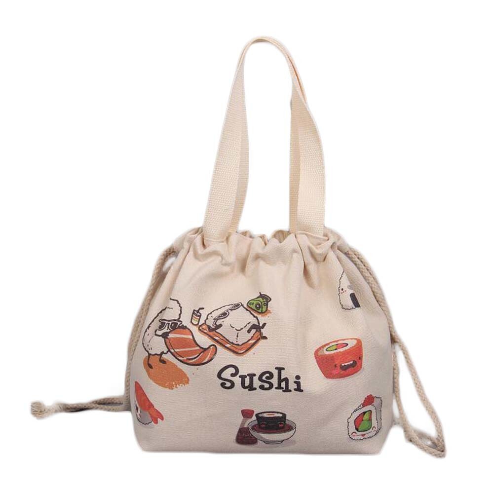 Beige Sushi Themed Japanese Style Canvas Lunch Box Bento Bag with Drawstring