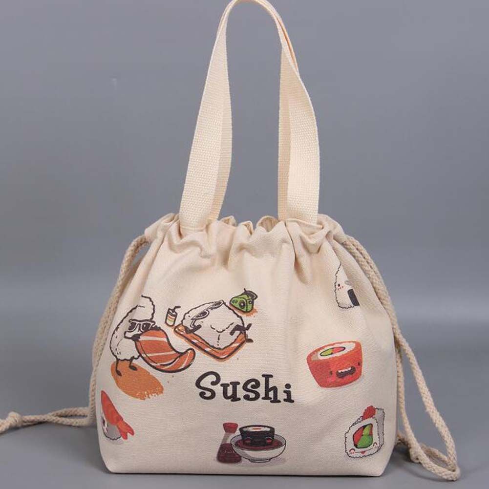 Beige Sushi Themed Japanese Style Canvas Lunch Box Bento Bag with Drawstring