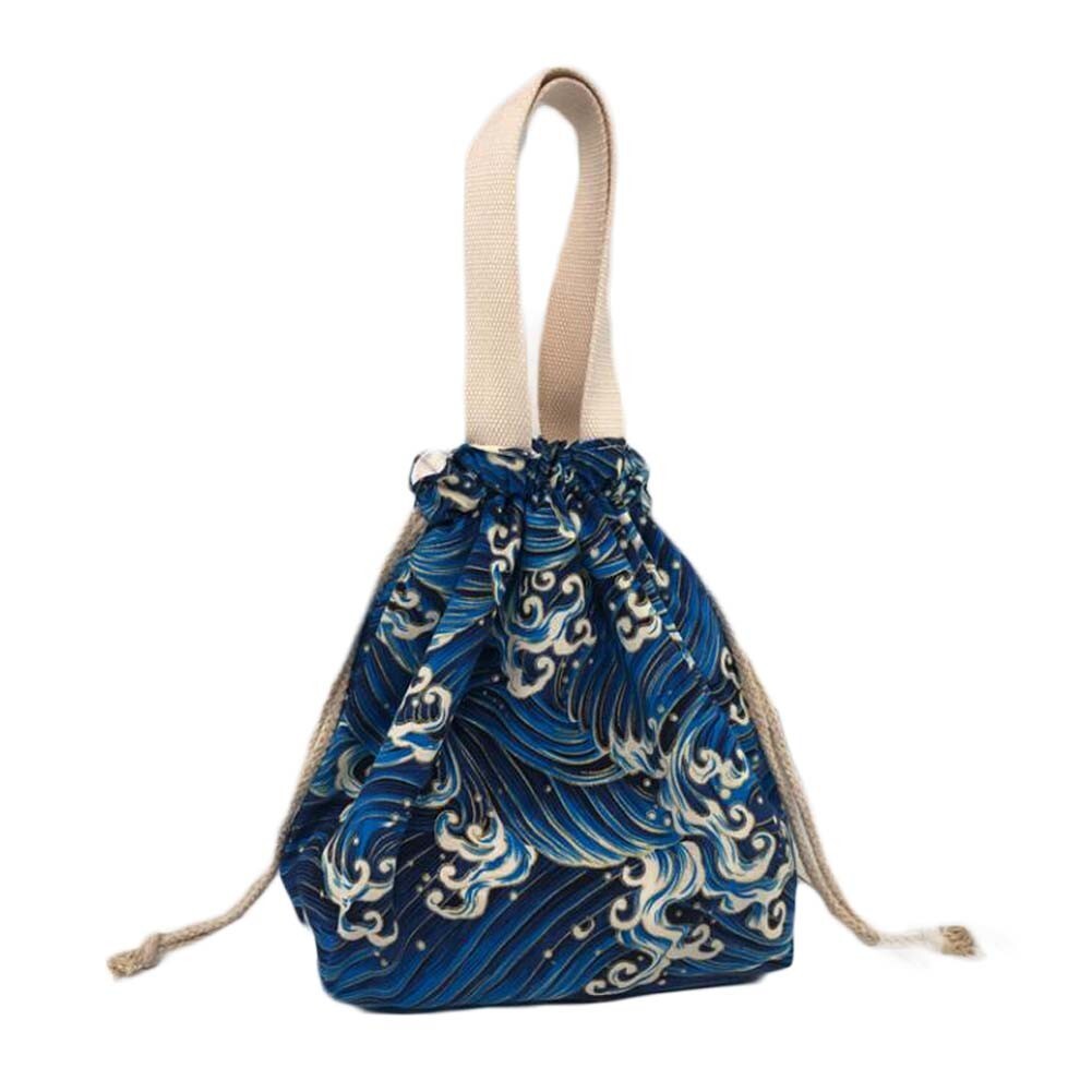 Blue Sea Wave Japanese Style Canvas Lunch Box Bento Bag with Drawstring