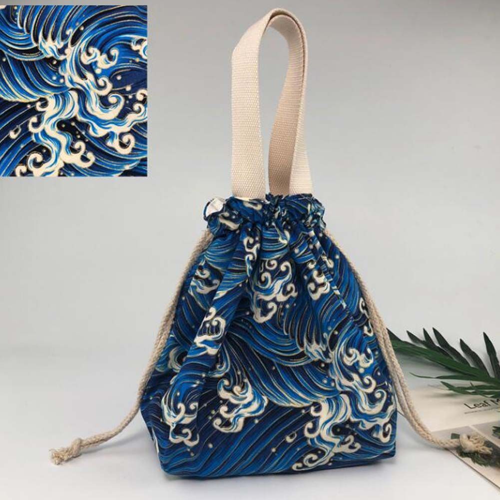 Blue Sea Wave Japanese Style Canvas Lunch Box Bento Bag with Drawstring