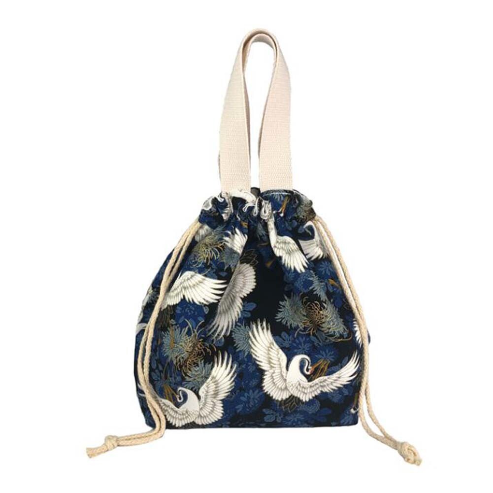 Navy Blue Chrysanthemum Crane Japanese Style Canvas Lunch Box Bento Bag with Drawstring