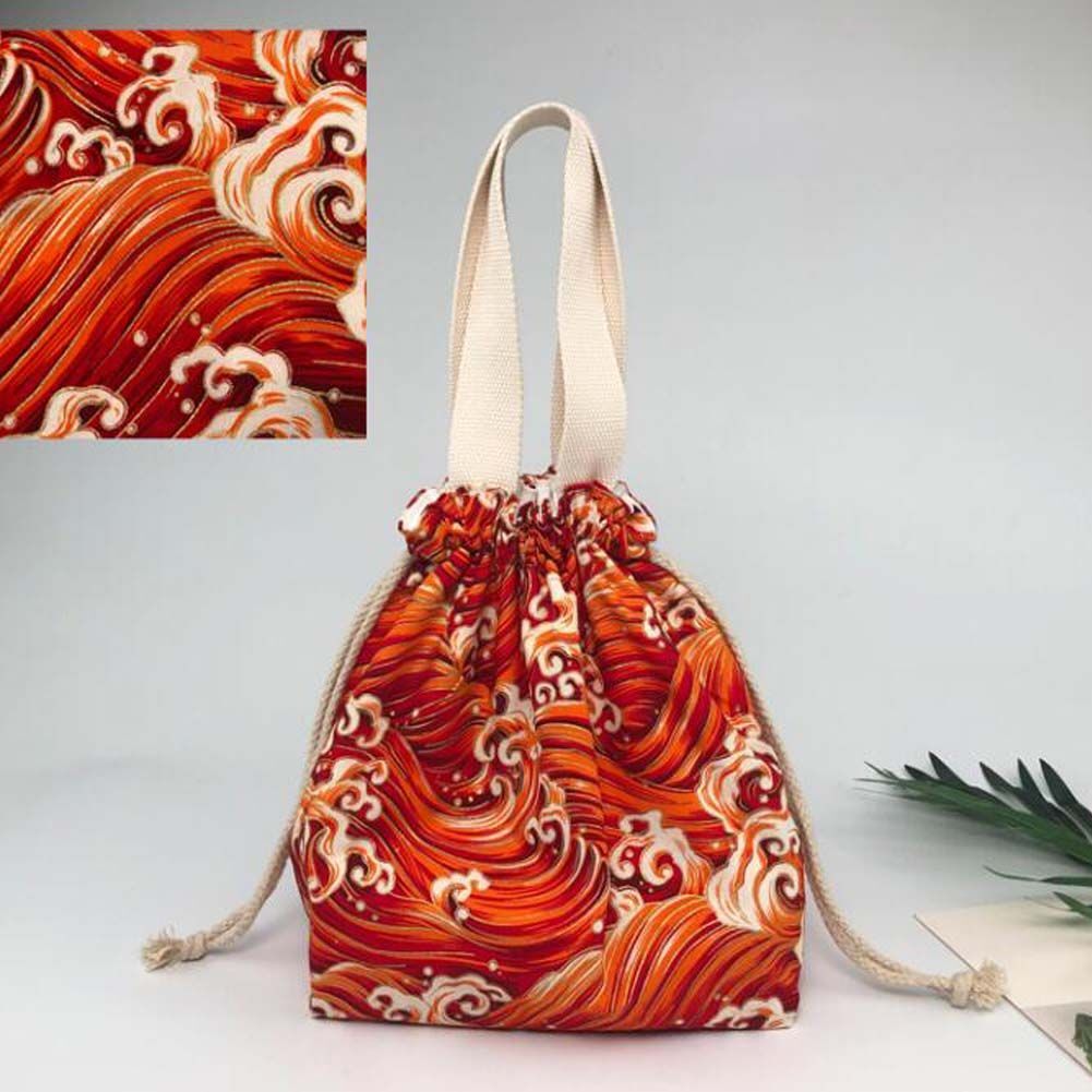 Red Sea Wave Japanese Style Canvas Lunch Box Bento Bag with Drawstring