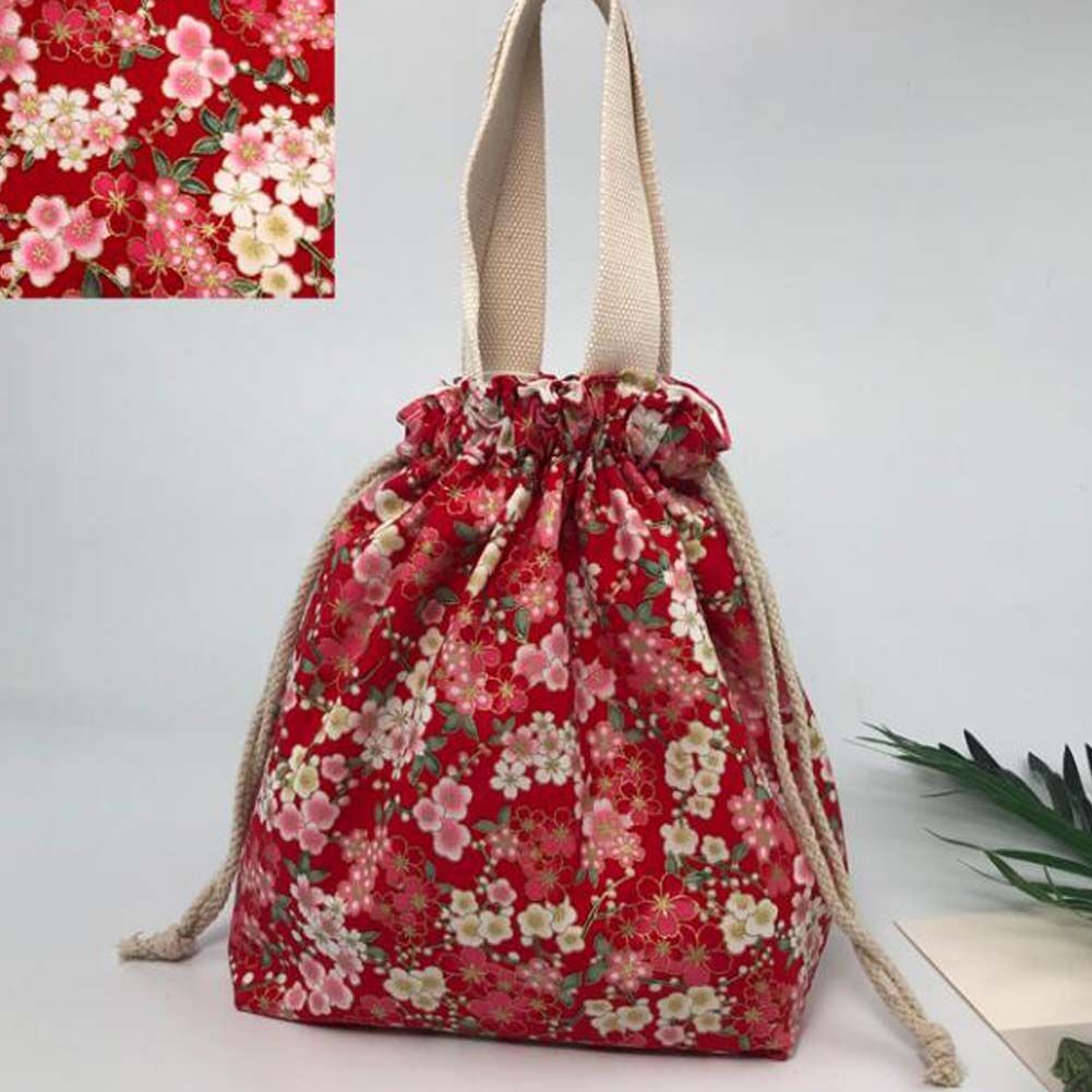 Red & Multicolor Sakura Japanese Style Canvas Lunch Box Bento Bag with Drawstring