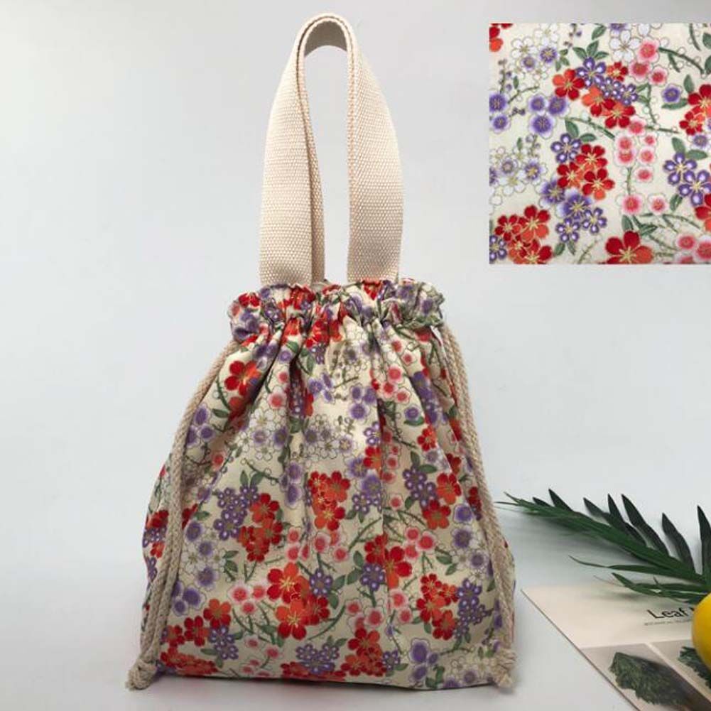 White & Red Sakura Japanese Style Canvas Lunch Box Bento Bag with Drawstring