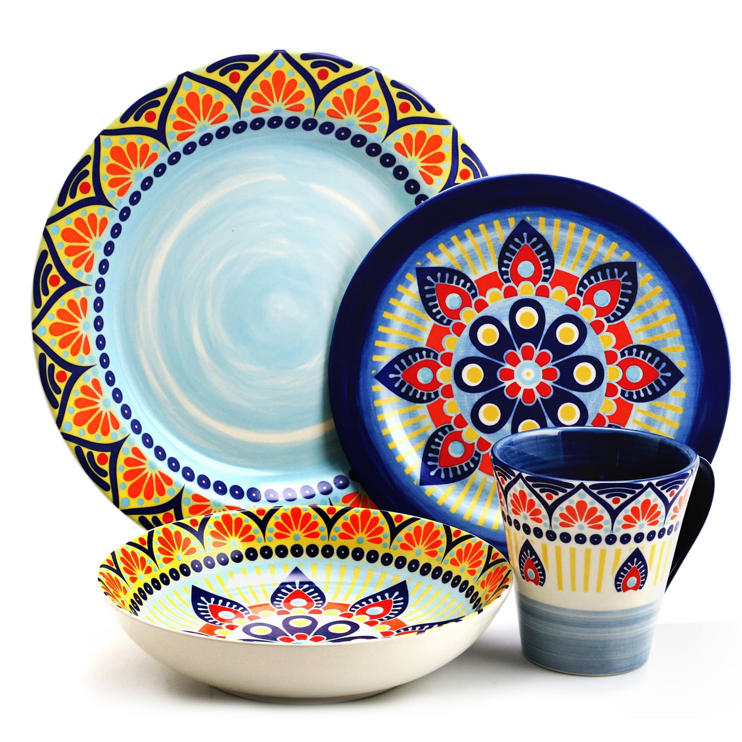 Elama Zen Blue Mozaik 16 Piece Luxurious Stoneware Dinnerware Set