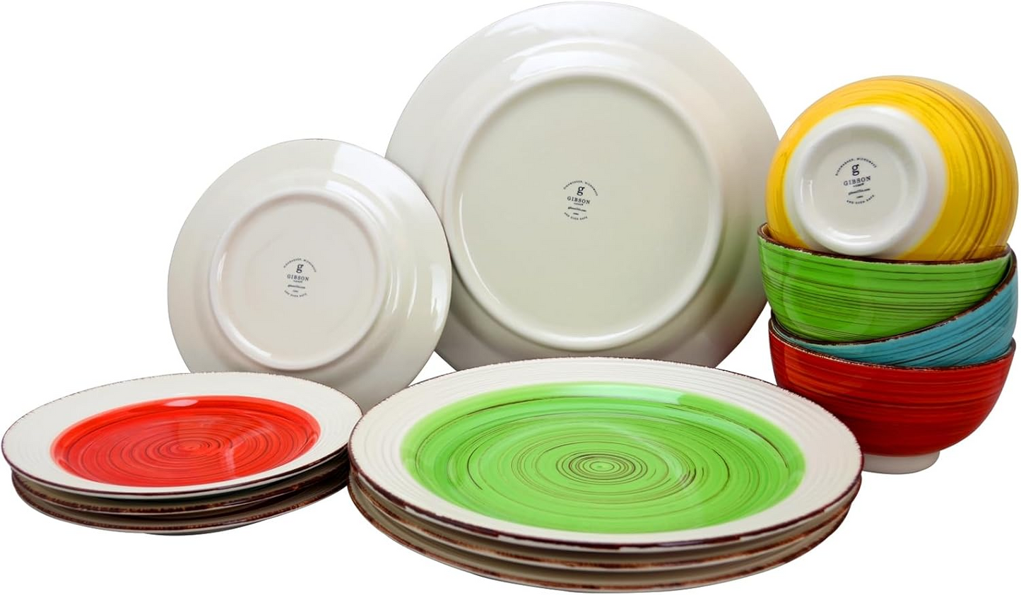 Gibson Home Confetti Band 12 Piece Mix and Match Round Ceramic Dinnerware Set in Assorted Colors
