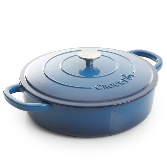 Crock-Pot Artisan 5 Quart Round Enameled Cast Iron Braiser Pan with Self Basting Lid in Sapphire Blue