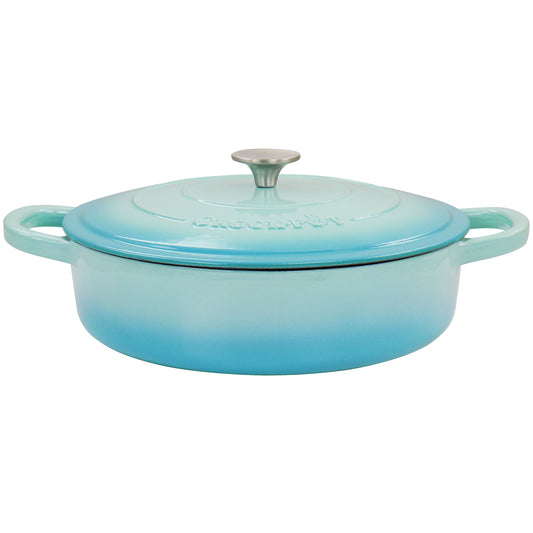 Crock Pot Artisan 5 Quart Round Enameled Cast Iron Braiser Pan with Self Basting Lid in Gradient Aqua Blue