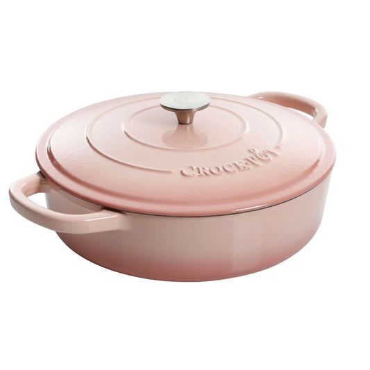 Crock-Pot Artisan 5 Quart Round Enameled Cast Iron Braiser Pan with Self Basting Lid in Blush Pink