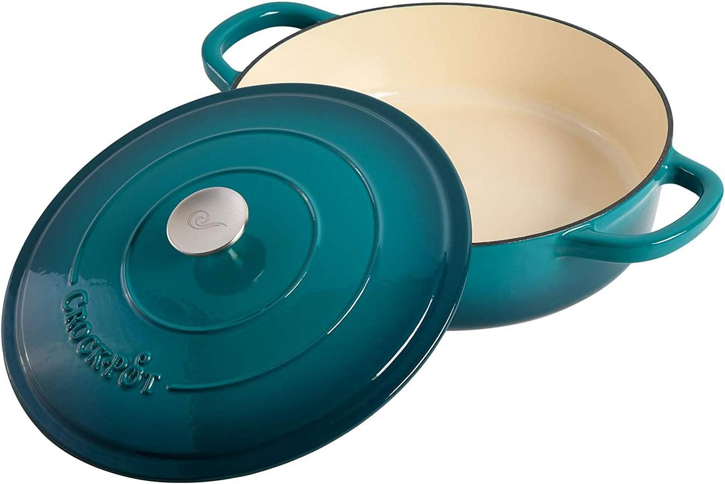 Crock-Pot Artisan 5 Quart Round Enameled Cast Iron Braiser Pan with Self Basting Lid in Teal Ombre