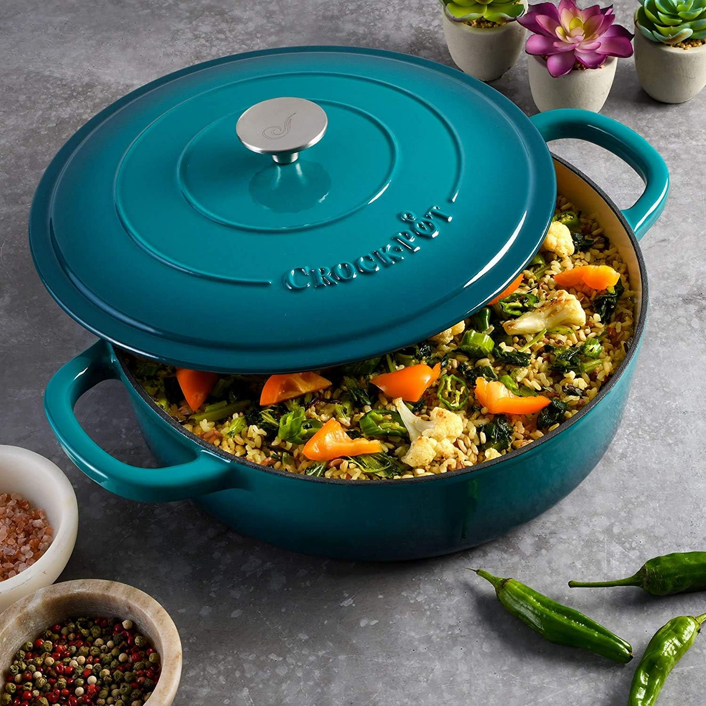 Crock-Pot Artisan 5 Quart Round Enameled Cast Iron Braiser Pan with Self Basting Lid in Teal Ombre