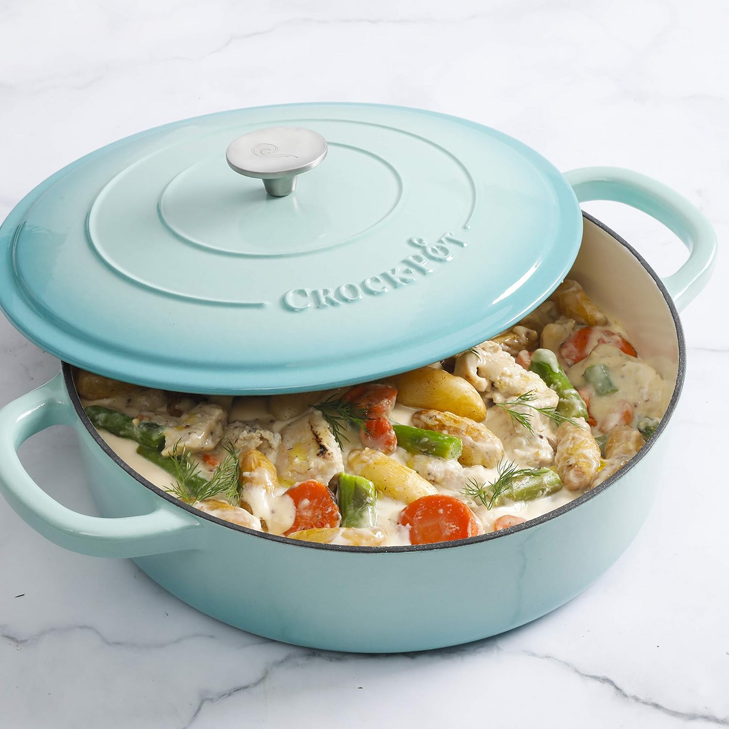 Crock Pot Artisan 5 Quart Round Enameled Cast Iron Braiser Pan with Self Basting Lid in Gradient Aqua Blue