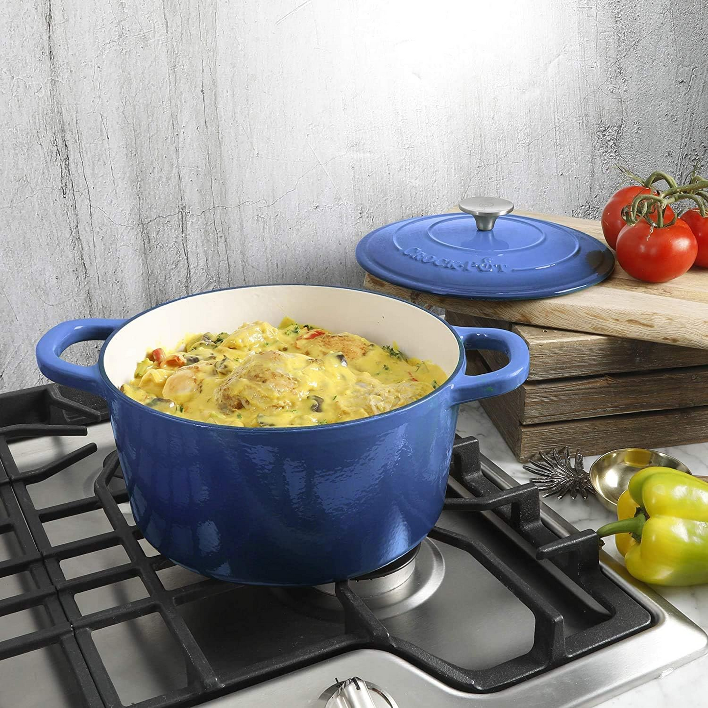 Crock-Pot Artisan 5 Quart Round Enameled Cast Iron Dutch Oven with Lid in Sapphire Blue