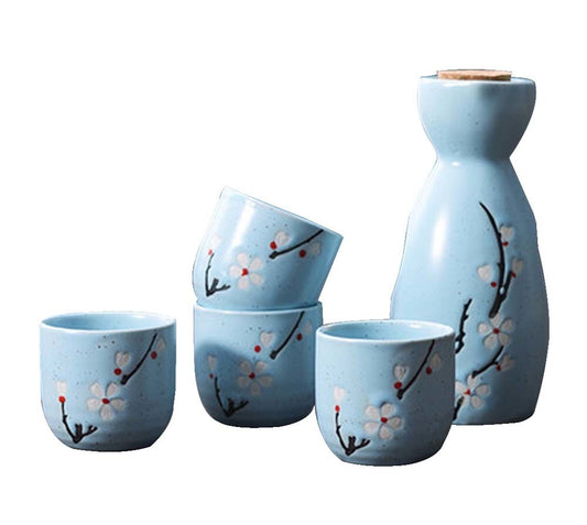 5 Piece Japanese Style Ceramic Saké Set in Turquoise with White Sakura Blossoms
