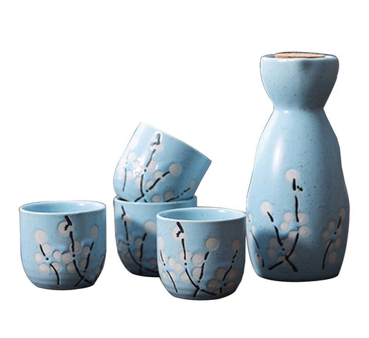 5 Piece Japanese Style Ceramic Saké Set in Blue with White Cotton Blossoms
