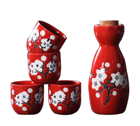 5 Piece Japanese Style Ceramic Saké Set in Red with White Sakura Blossoms