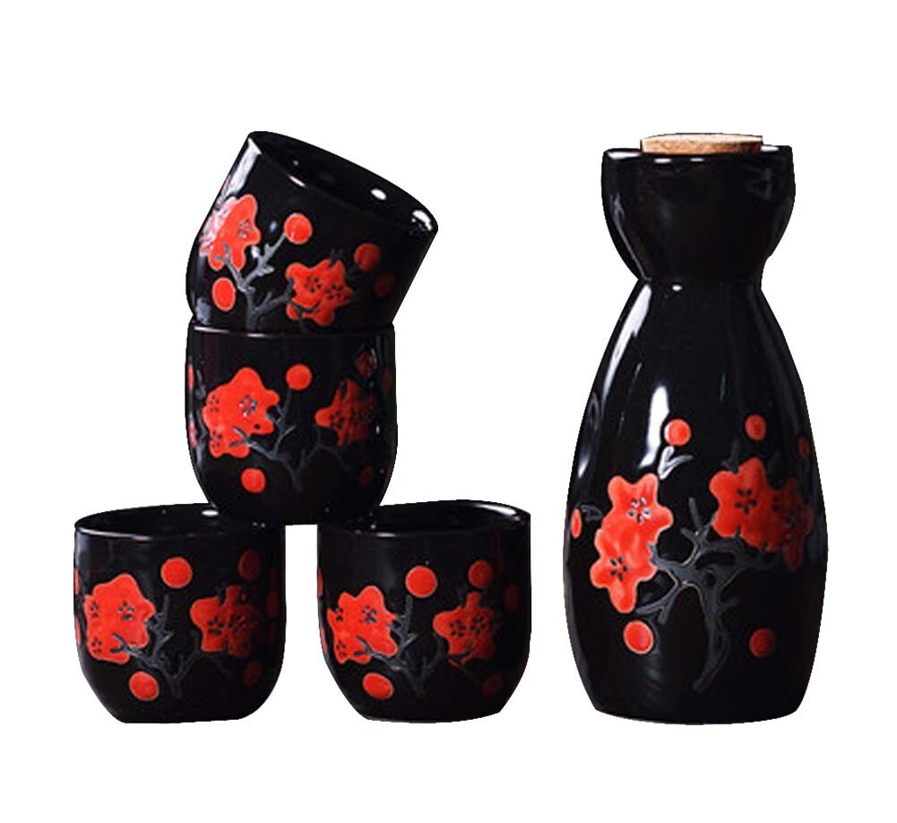 5 Piece Japanese Style Ceramic Saké Set in Black with Red Sakura Blossoms