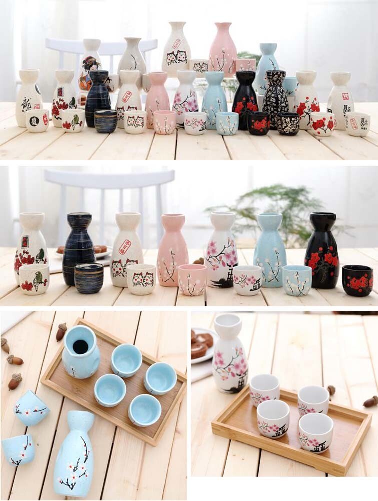 5 Piece Japanese Style Ceramic Saké Set in Black with Red Sakura Blossoms