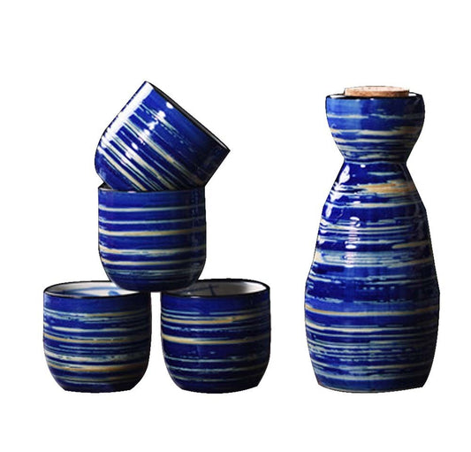 5 Piece Japanese Style Ceramic Saké Set in Navy Blue