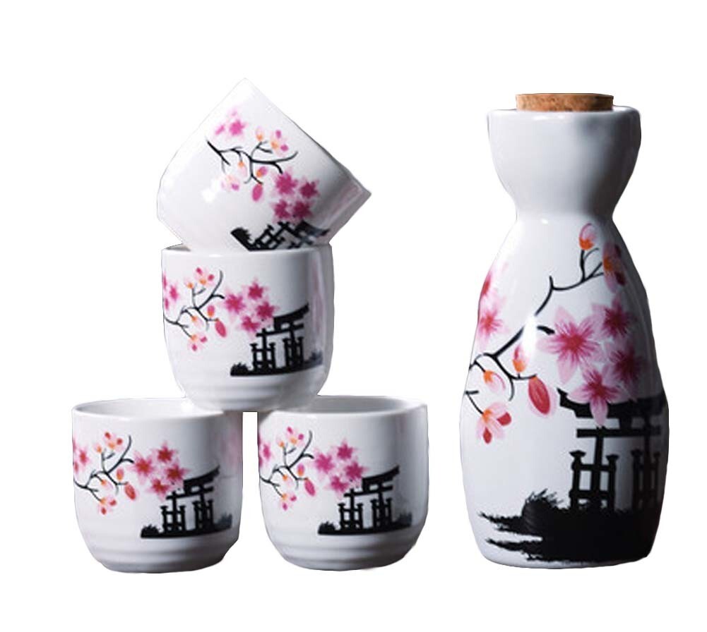 5 Piece Japanese Style Ceramic Saké Set in White with Pink Sakura Blossoms
