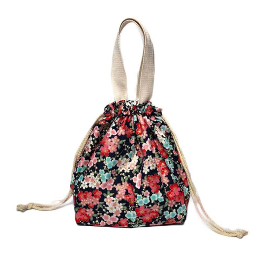 Navy Blue & Multicolor Sakura Japanese Style Canvas Lunch Box Bento Bag with Drawstring