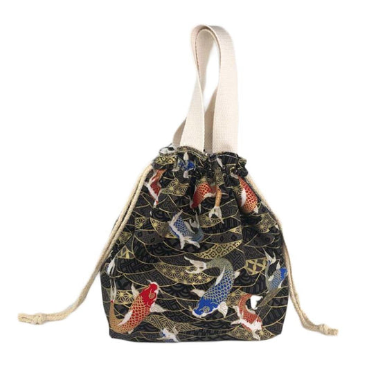 Black Carp Fish Japanese Style Canvas Lunch Box Bento Bag with Drawstring