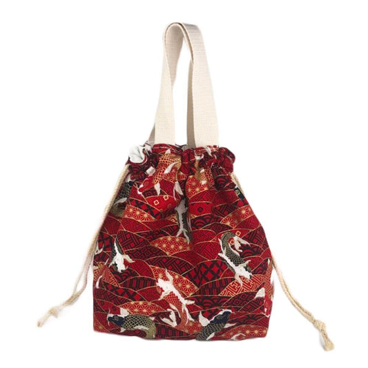 Red Carp Fish Japanese Style Canvas Lunch Box Bento Bag with Drawstring