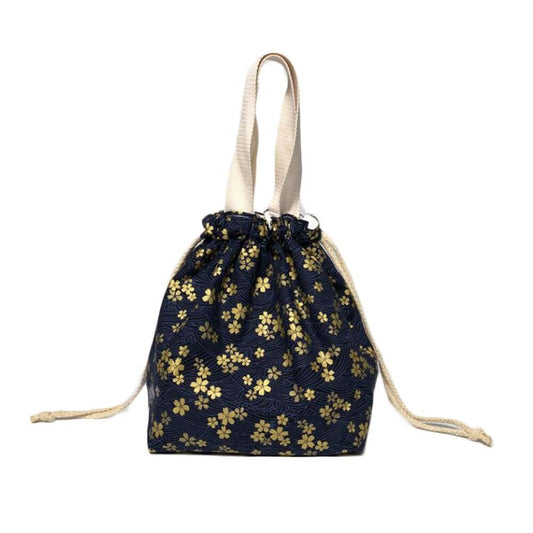 Navy Blue & Gold Sakura Japanese Style Canvas Lunch Box Bento Bag with Drawstring