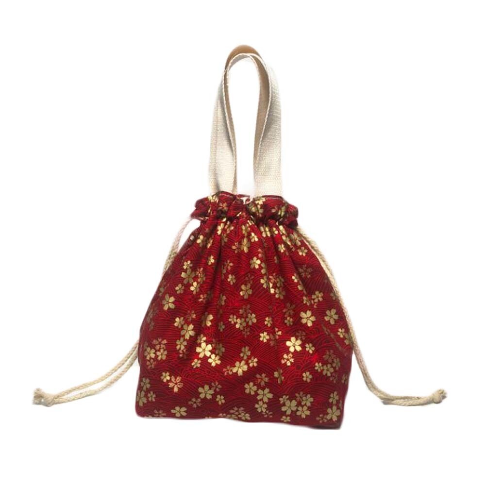 Red & Gold Sakura Japanese Style Canvas Lunch Box Bento Bag with Drawstring