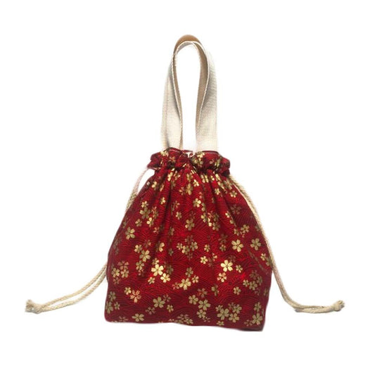 Red & Gold Sakura Japanese Style Canvas Lunch Box Bento Bag with Drawstring
