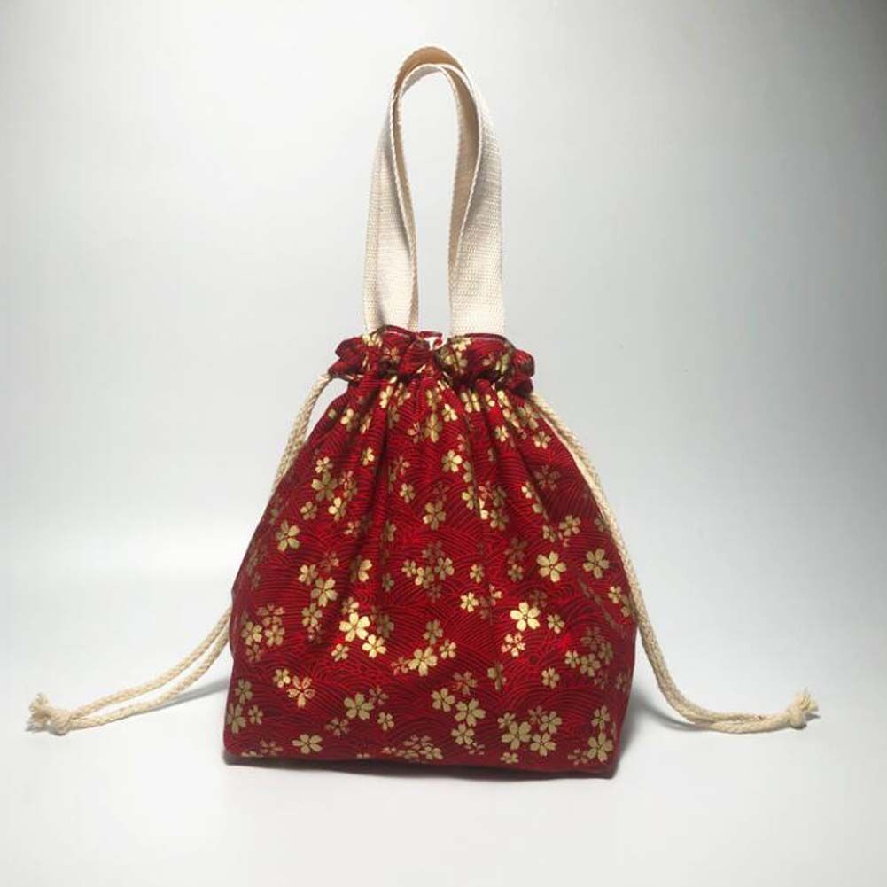 Red & Gold Sakura Japanese Style Canvas Lunch Box Bento Bag with Drawstring
