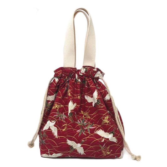 Red Crane Japanese Style Canvas Lunch Box Bento Bag with Drawstring