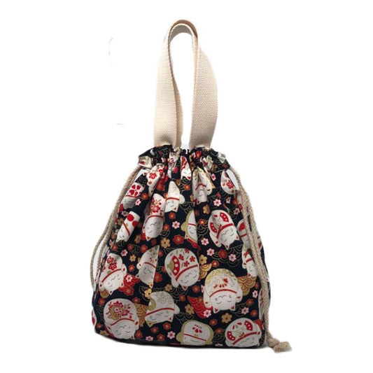 Black Fortune Cat Japanese Style Canvas Lunch Box Bento Bag with Drawstring