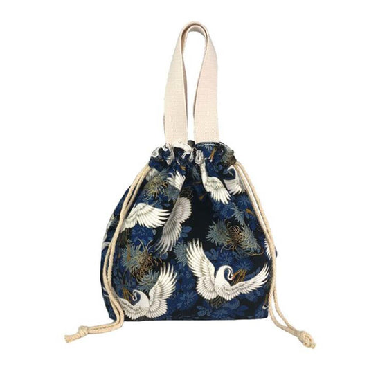 Navy Blue Chrysanthemum Crane Japanese Style Canvas Lunch Box Bento Bag with Drawstring