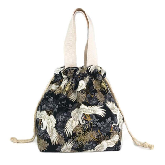 Black Crane Japanese Style Canvas Lunch Box Bento Bag with Drawstring
