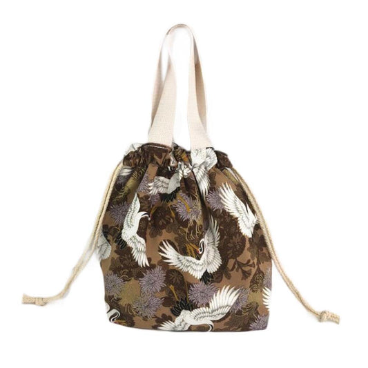 Khaki Chrysanthemum Crane Japanese Style Canvas Lunch Box Bento Bag with Drawstring