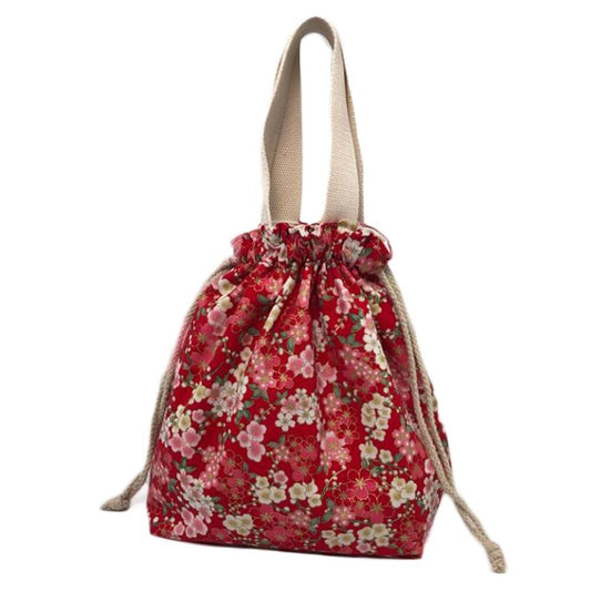 Red & Multicolor Sakura Japanese Style Canvas Lunch Box Bento Bag with Drawstring